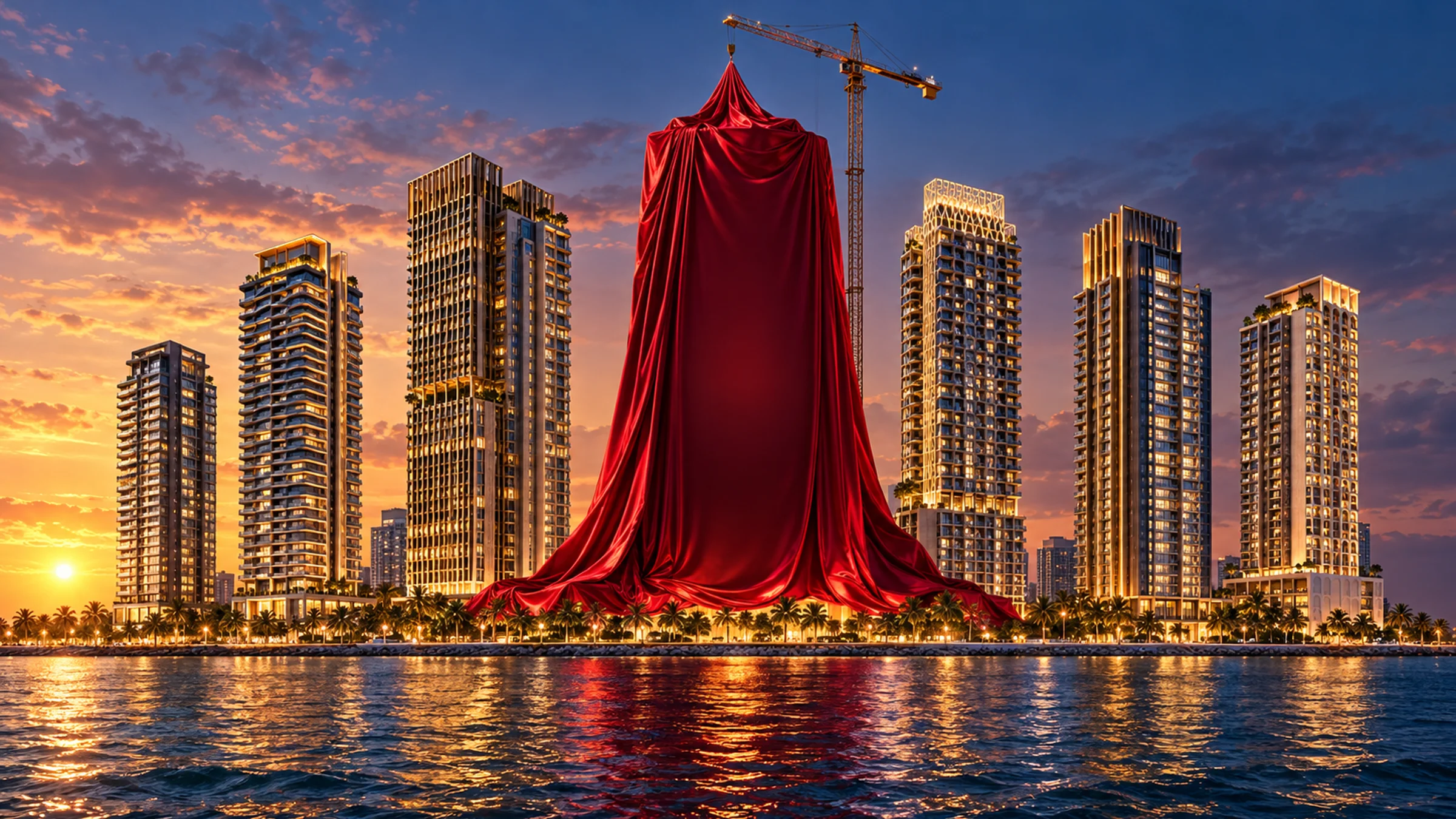 Illustration of waterfront towers and a tower under red fabric